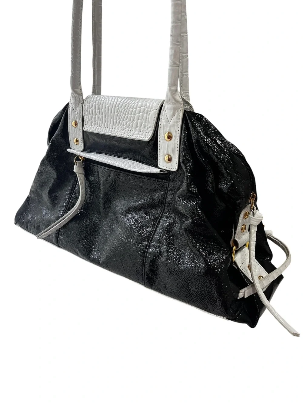 Sharif Studio Black White Faux Croc Patent Large Satchel Bag w/ Gold Hardware
